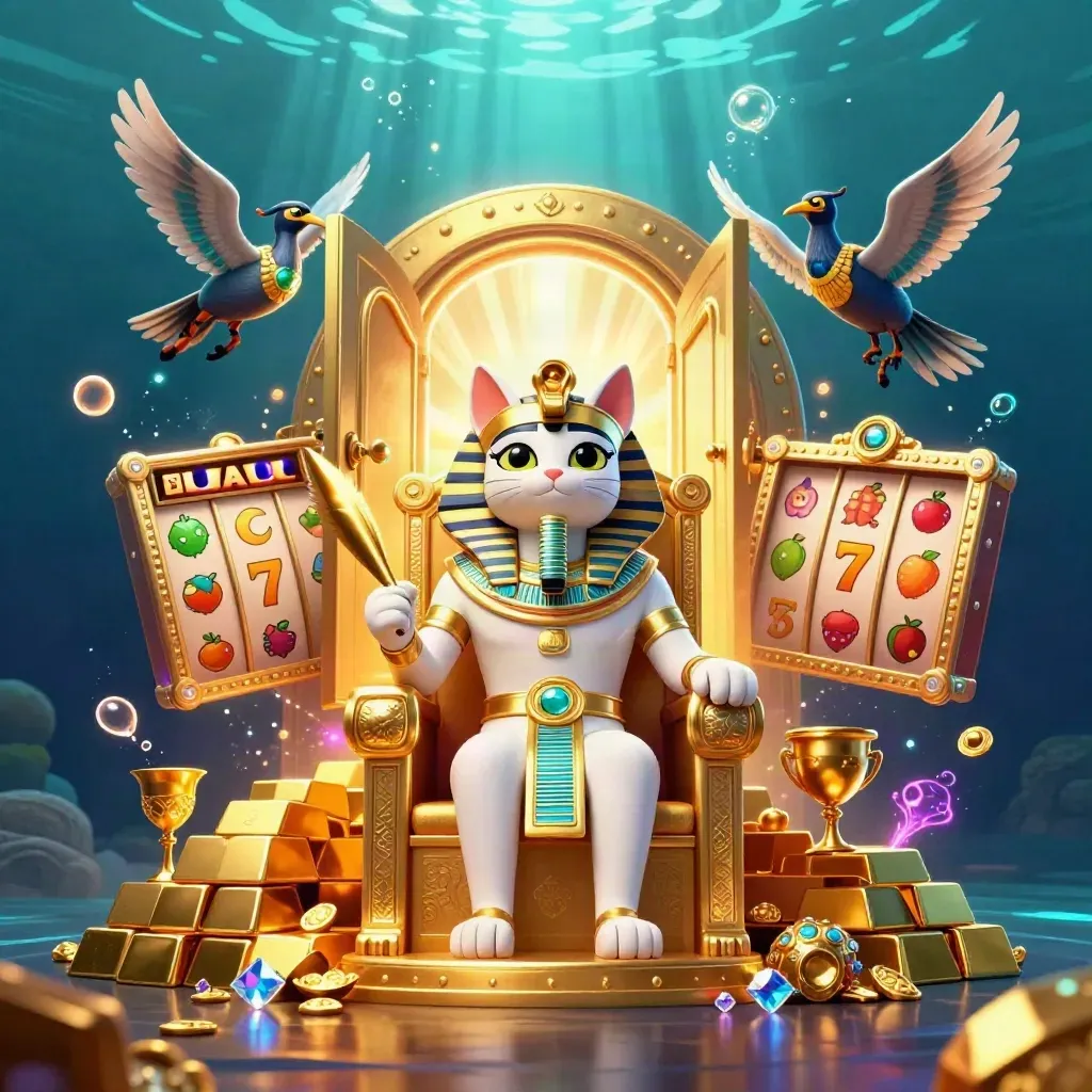 Pharaoh cat, ibis scribe, and scarabs amid gold, vault light, and slot symbols underwater.