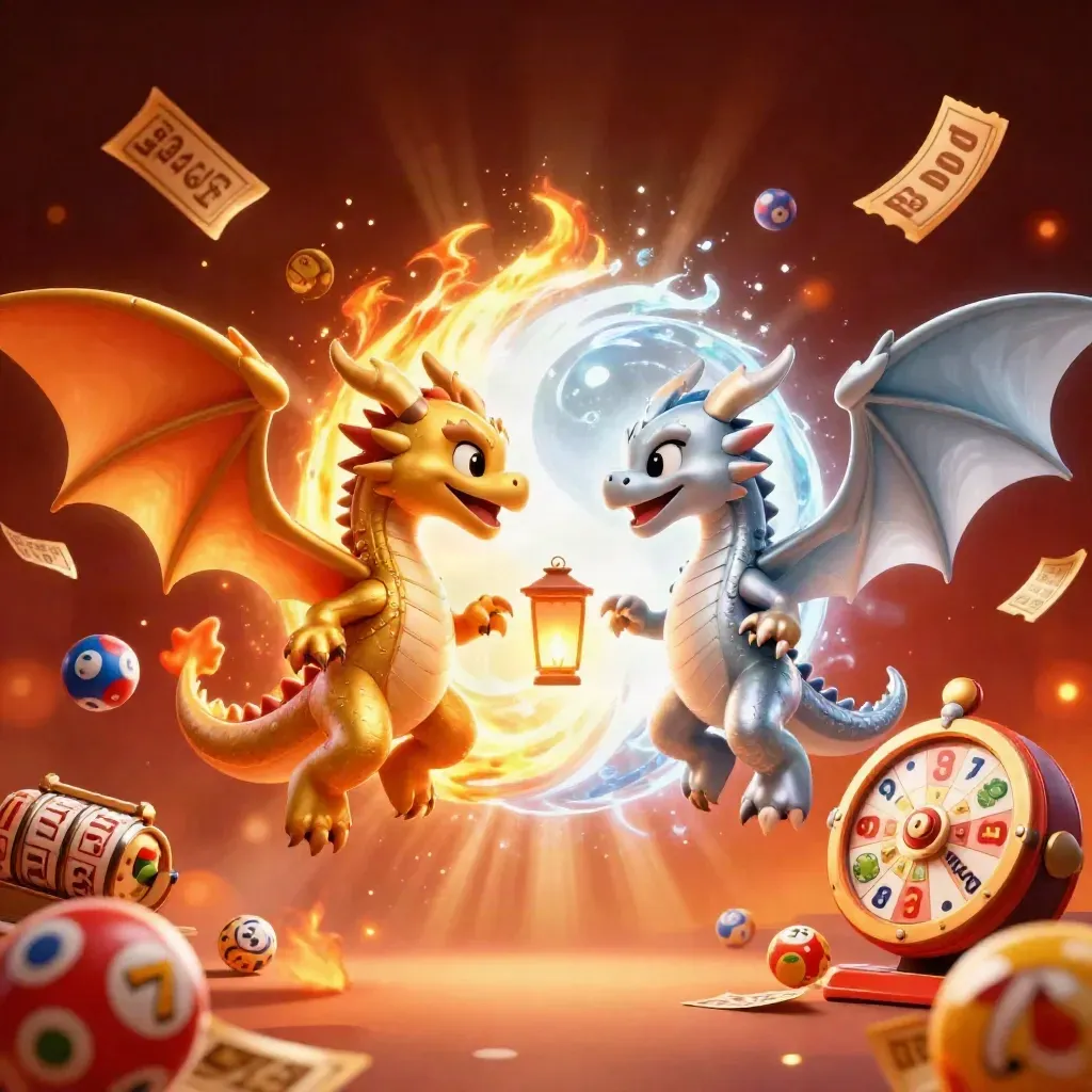 Twin gold and silver dragons spiral around a lantern spirit amid casino bursts and fiery embers.