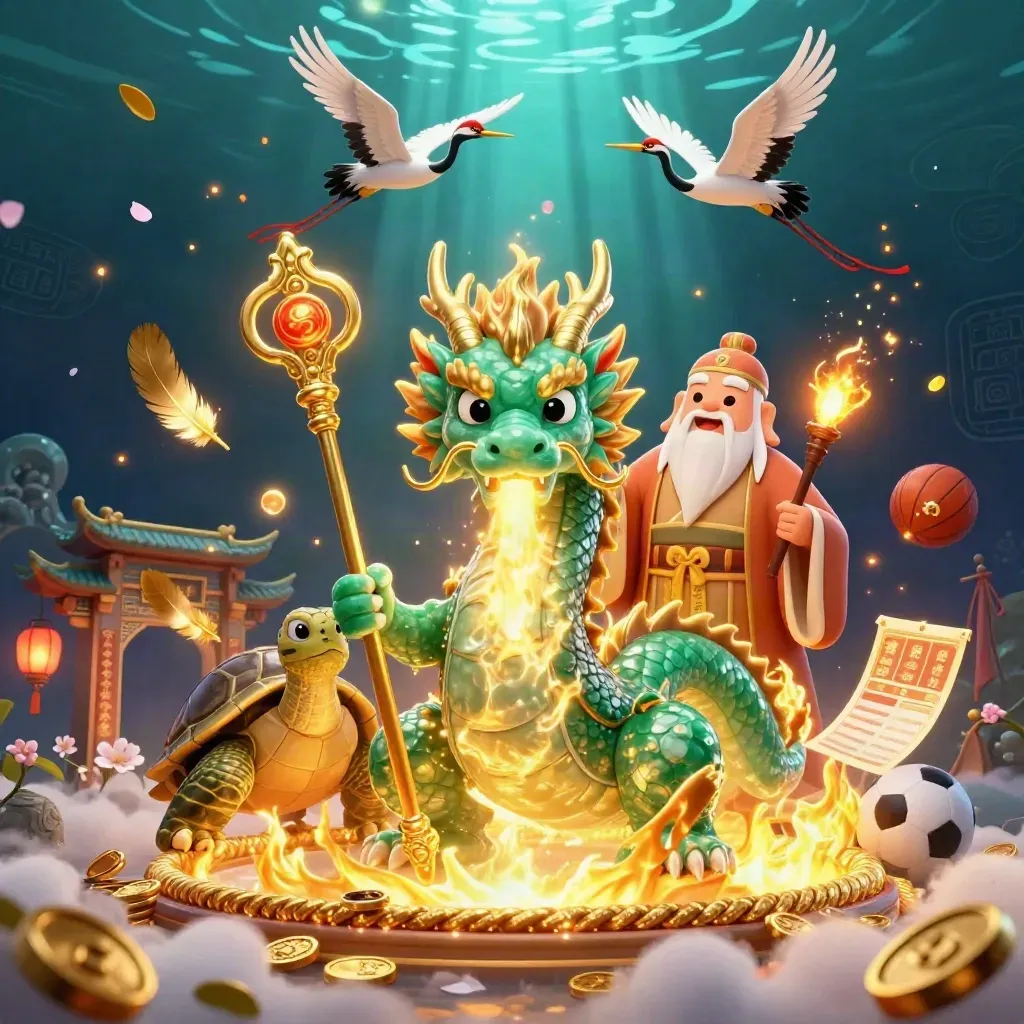 Jade dragon, turtle sage, and cranes amid gold fire, coins, and casino sports symbols.