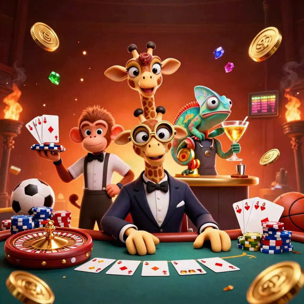 Cartoon giraffe, monkey and chameleon at a glowing poker table with coins, chips and sports props.