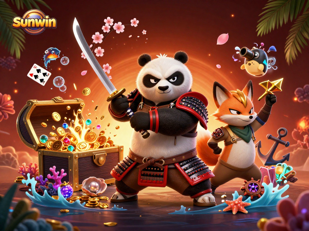 Experience the thrill of sunwin with vibrant characters and treasure in an epic casino scene.