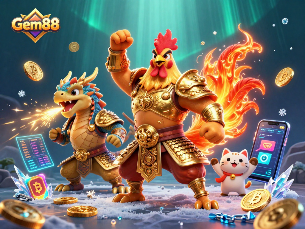 Engage with Gem88's thrilling casino adventure featuring a fighting rooster and gold-spark breathing dragon.