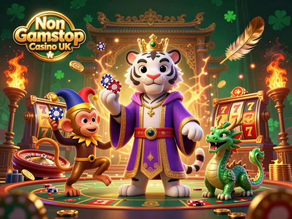 Engage with Non Gamstop Casino UK through the captivating 3D scene featuring a majestic white tiger, a jester monkey, and a jade dragon.