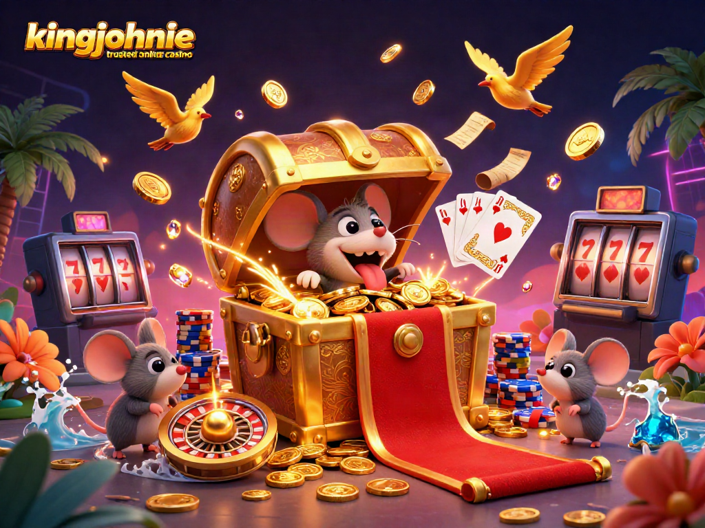 Experience the thrill of playing at the kingjohnnie trusted online casino with a vibrant 3D treasure scene.