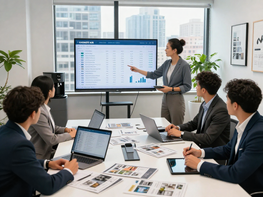 Real estate professionals discussing IDXSTAR listings in a modern office setting with data visualizations and collaboration.