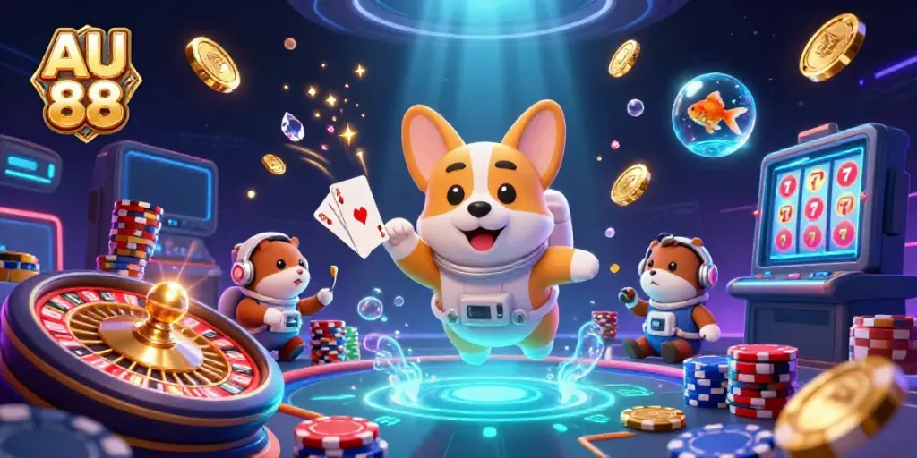 Engage with AU 88 in a vibrant casino space scene featuring a cartoon astronaut corgi and mission-control hamster.