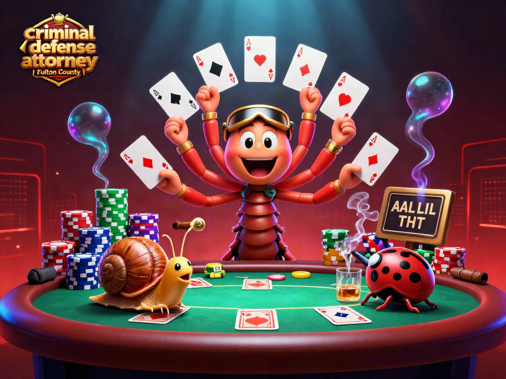 Excited millipede dealer and high-roller snail represent criminal defense attorney Fulton County at vibrant poker table.