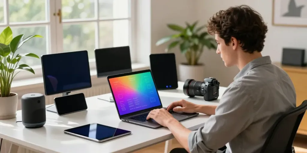 Professional workspace showcasing instant indexing on laptop with analytics dashboard, vibrant atmosphere.