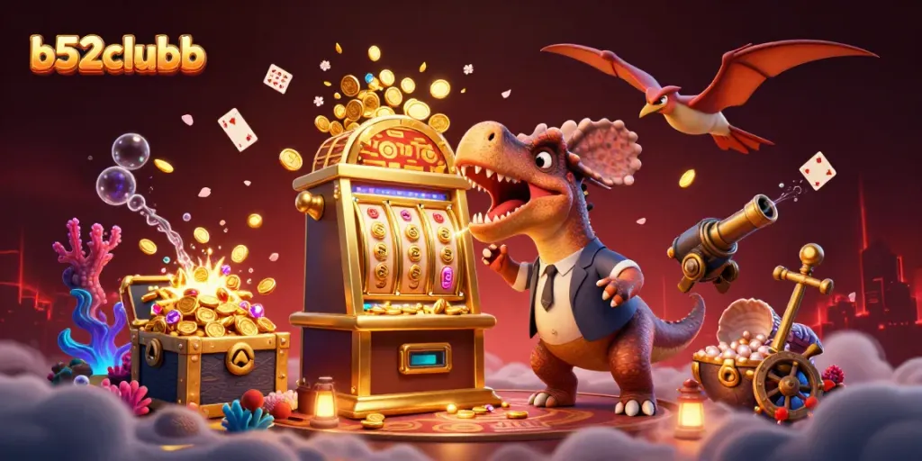 Win big with b52clubb: 3D cartoon characters celebrating a slot machine jackpot amidst a vibrant casino scene.