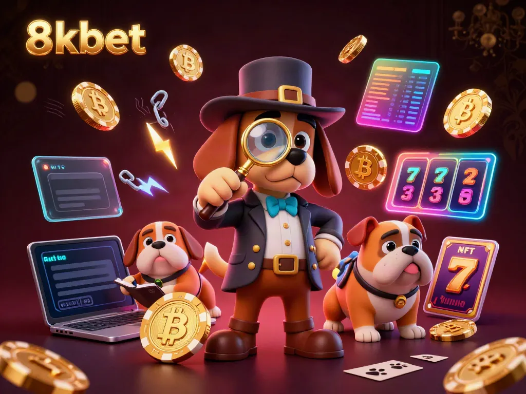Win big with 8xbet's detective-themed slots adventure featuring cartoon characters and crypto elements.