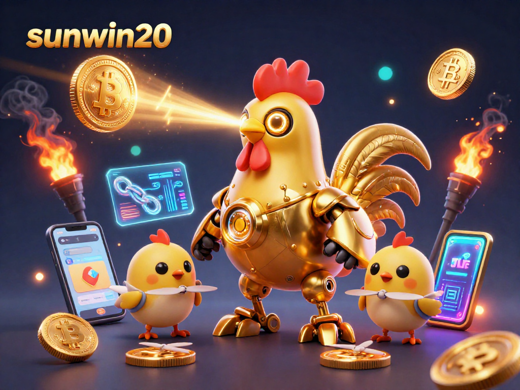 Engage with the thrilling sunwin20 online casino experience featuring vibrant 3D characters and glowing cryptocurrency elements.