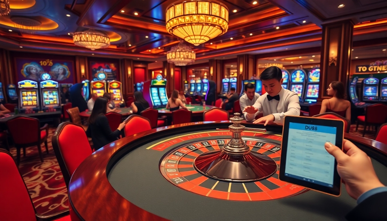 Experience thrill at Trang Chủ DU88 with vibrant casino tables and players enjoying high-stakes games.