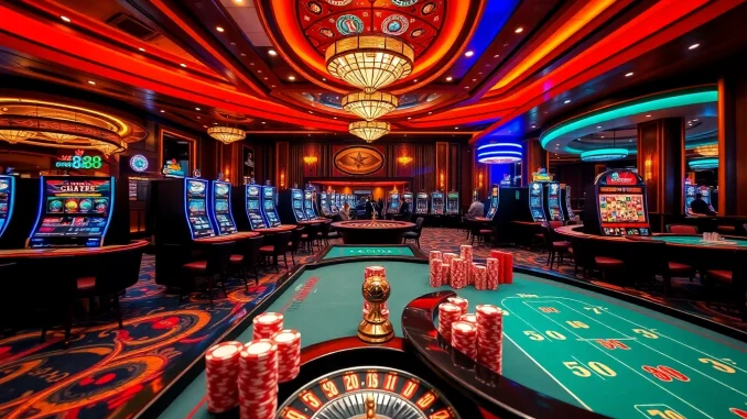 Experience the excitement of az 888 with dynamic gamblers at a vibrant casino, showcasing poker tables and slot machines.