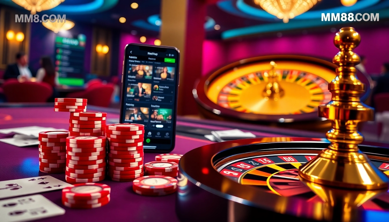 Experience the thrill of gambling at MM88 COM with poker chips and a roulette wheel.