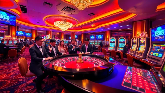 Excitement at RR88 online casino with vibrant tables, players, and roulette wheel action.