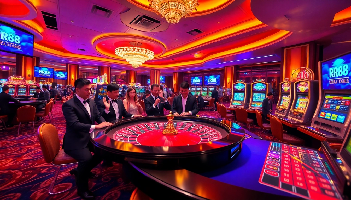 Excitement at RR88 online casino with vibrant tables, players, and roulette wheel action.