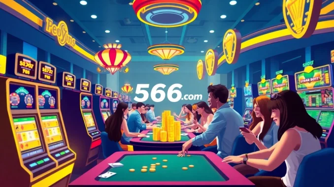 Exciting gaming atmosphere featuring players at 566.com game online casino, showcasing vibrant slot machines and card games.