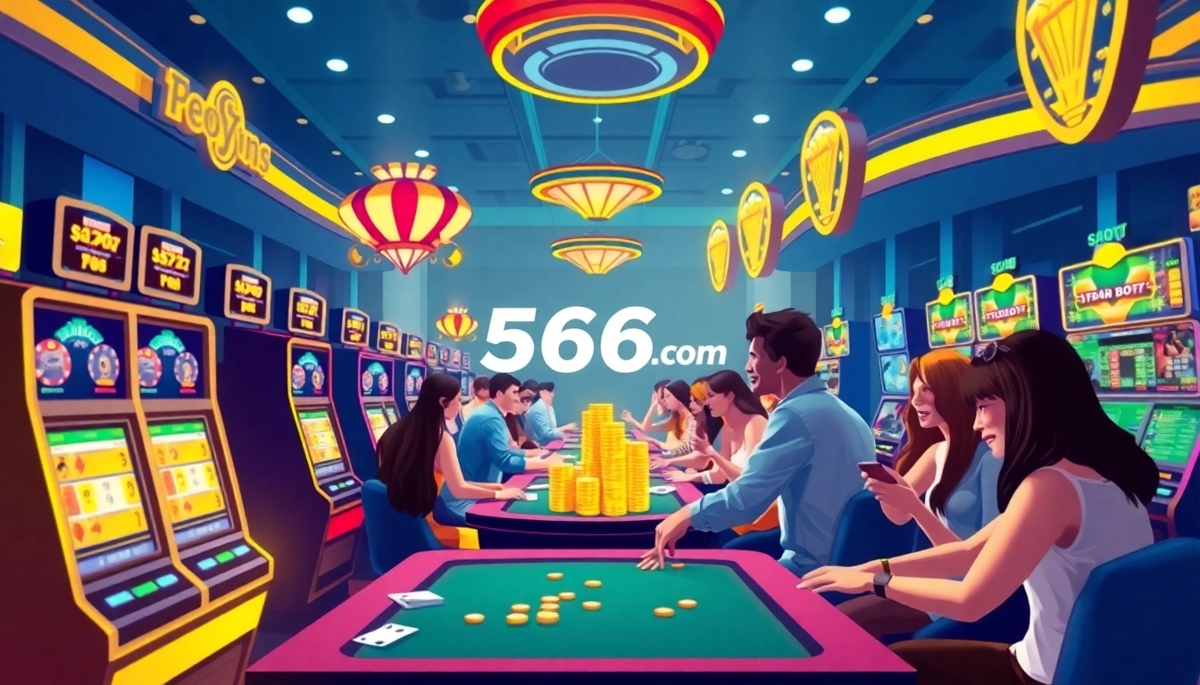 Exciting gaming atmosphere featuring players at 566.com game online casino, showcasing vibrant slot machines and card games.
