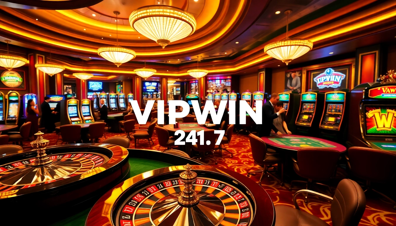 Experience thrilling gambling with VIPWIN 24 7 at a luxurious casino environment, featuring dynamic gaming activities.