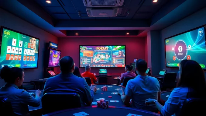 Exciting online gaming scene representing gamebaidoithuong.com.vc, showcasing players enjoying various card games.