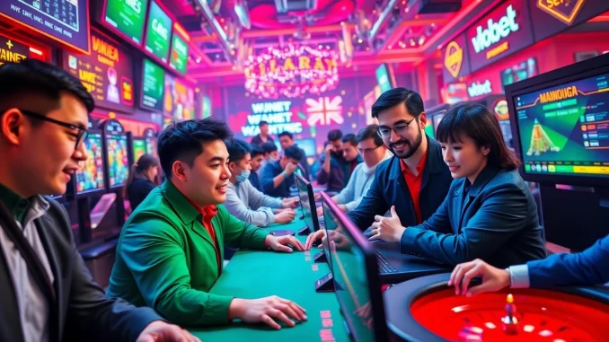 SBOBET.dance vibrant online gaming scene with players enjoying poker and sports betting