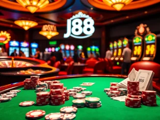 Players engaging at a vibrant casino with j88-themed tables, cards, and chips.