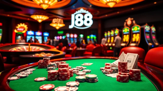 Players engaging at a vibrant casino with j88-themed tables, cards, and chips.