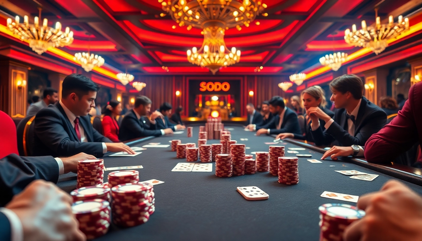 SODO Casino featuring a high-stakes poker table with engaging gameplay and luxurious decor.