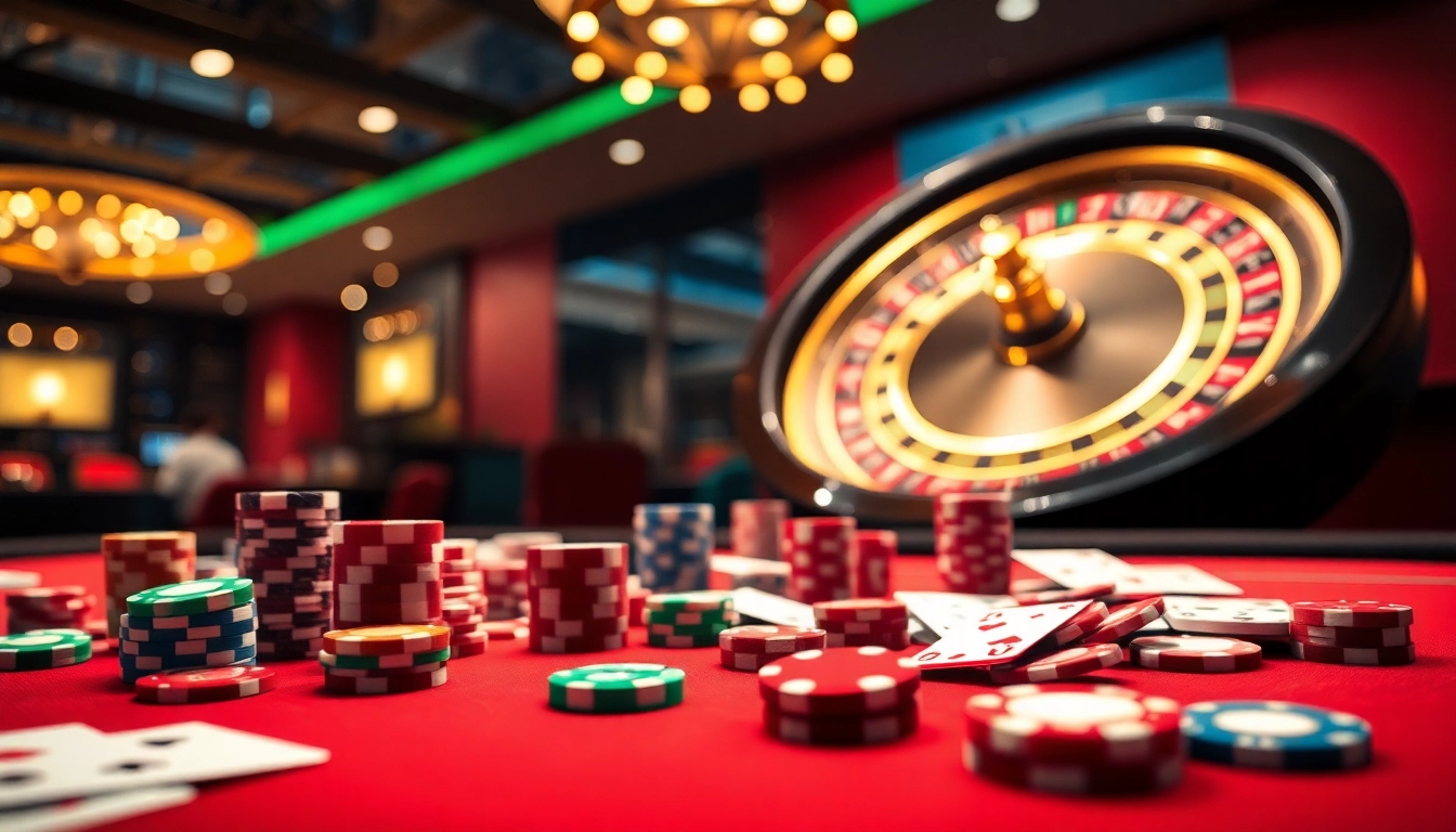 Exciting gameplay at Nhà Cái KU88 with vibrant casino tables and roulette wheel.