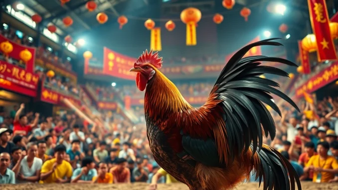 Live betting excitement with cockfighting at sv368win.live, showcasing vibrant atmosphere and dynamic action.