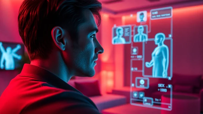 Engaging interaction in a modern setting with sex AI, featuring playful digital avatars and ambient lighting.