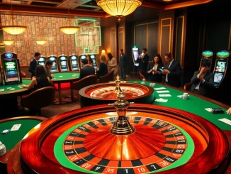 Players engaging with the LUCK8 APP while enjoying an exciting casino atmosphere with roulette and poker.
