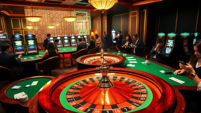 Players engaging with the LUCK8 APP while enjoying an exciting casino atmosphere with roulette and poker.