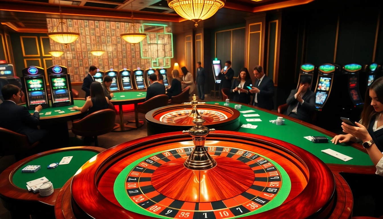 Players engaging with the LUCK8 APP while enjoying an exciting casino atmosphere with roulette and poker.