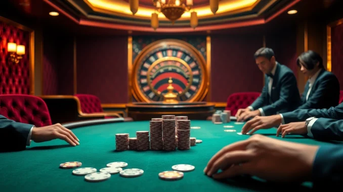 KJC poker players at a luxurious table in an upscale casino atmosphere.