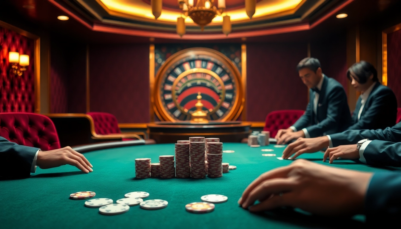 KJC poker players at a luxurious table in an upscale casino atmosphere.