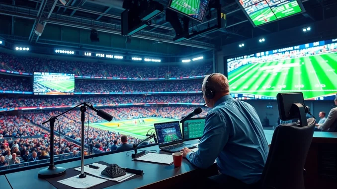 Engaging scene of sports broadcasting with announcer at desk, live games on screens.