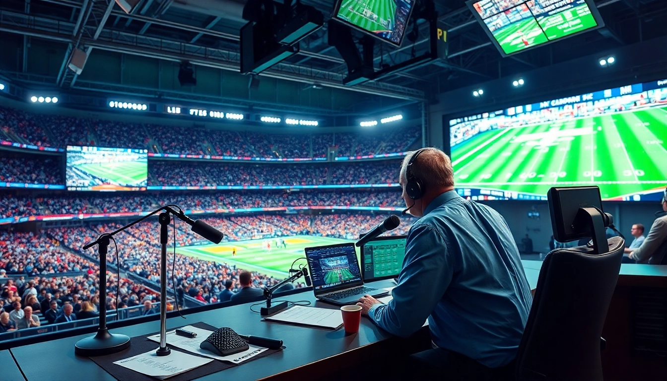 Engaging scene of sports broadcasting with announcer at desk, live games on screens.