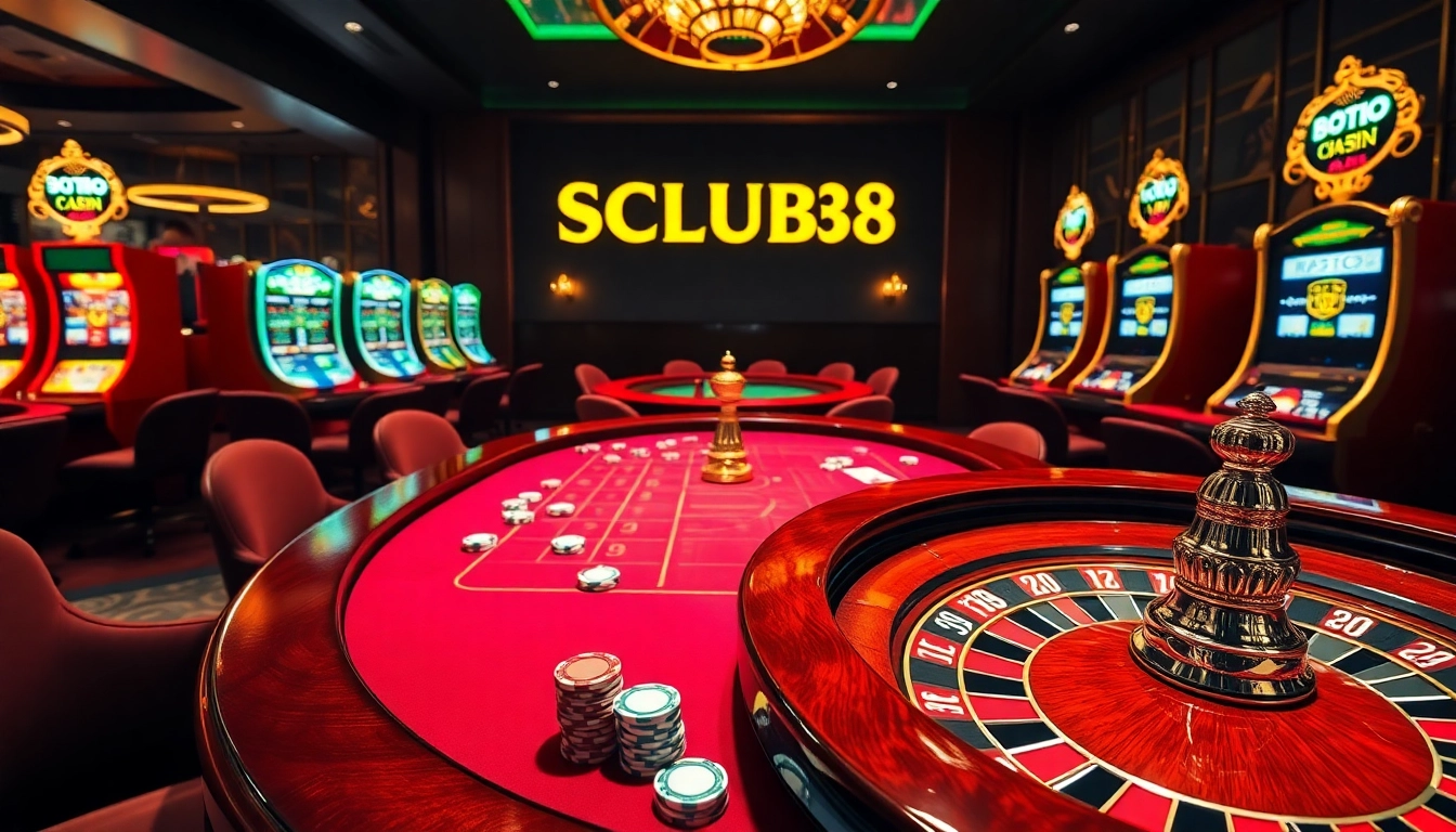SCLUB88 NET casino scene featuring vibrant poker tables and luxurious slot machines.