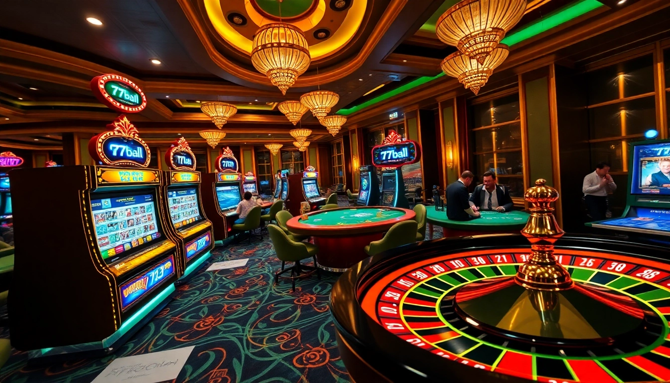 Experience the excitement of the 77ball game at a luxurious online casino filled with slot machines and poker tables.