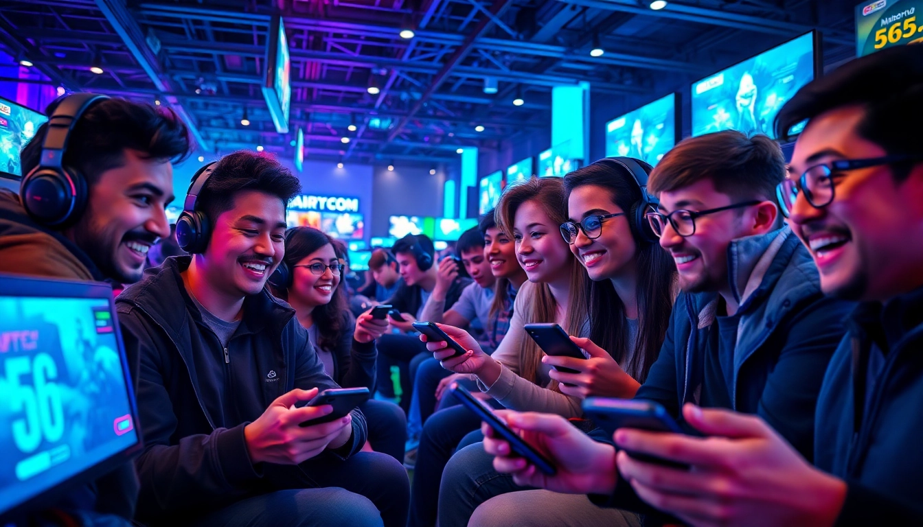 Engaged players immersed in the excitement of the 566.com game platform, showcasing vibrant screens and advanced devices in a modern gaming hub.