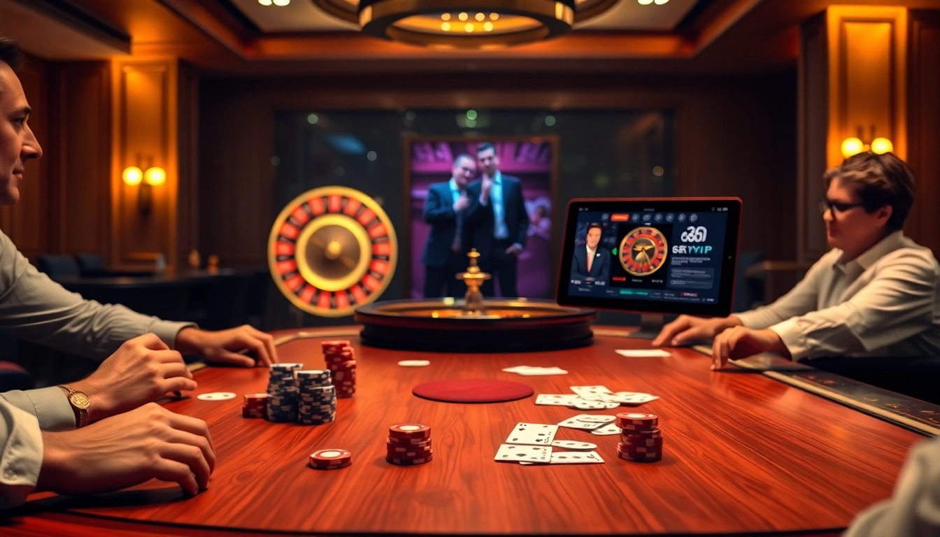 Engaging poker game scene with 68VIP branding, showcasing poker chips and a roulette wheel.
