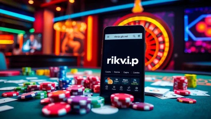 Experience the excitement of gambling at rikvip.gb.net with vibrant casino elements showcasing poker chips and roulette.