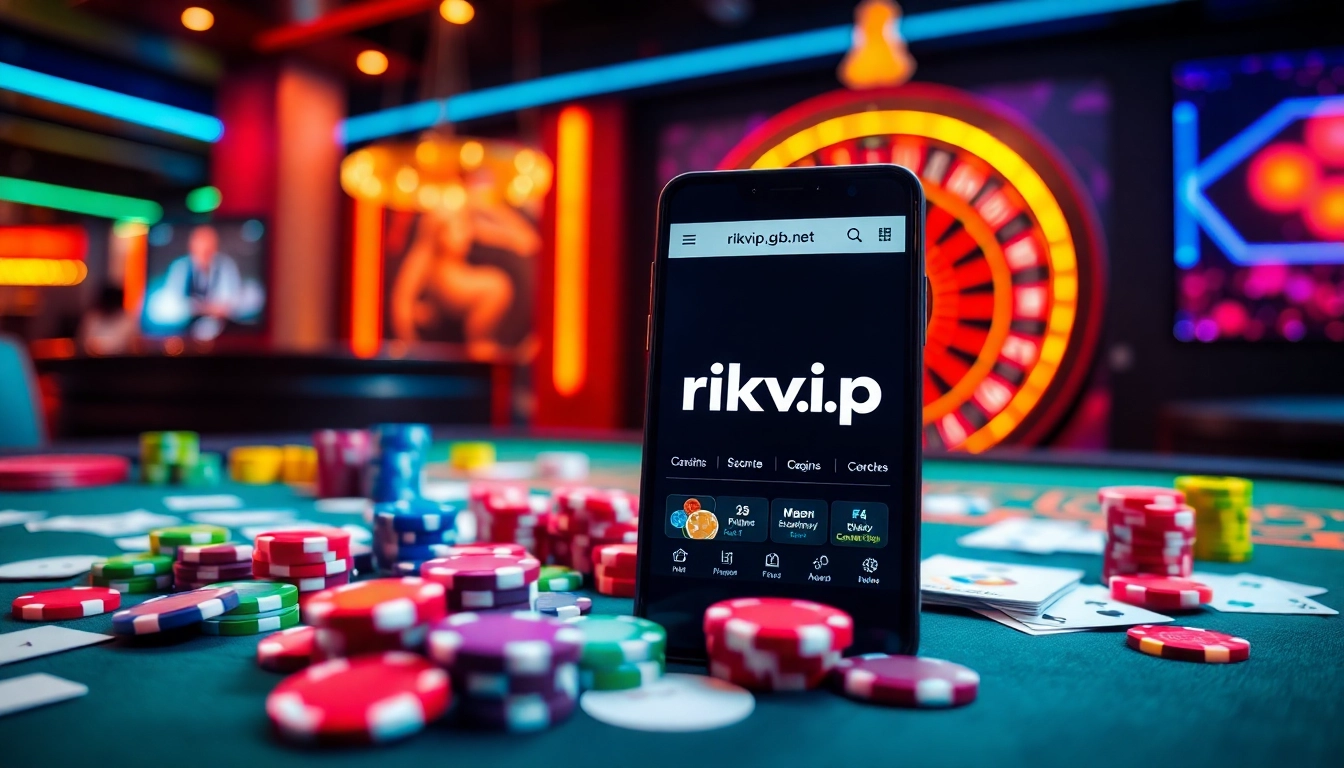 Experience the excitement of gambling at rikvip.gb.net with vibrant casino elements showcasing poker chips and roulette.