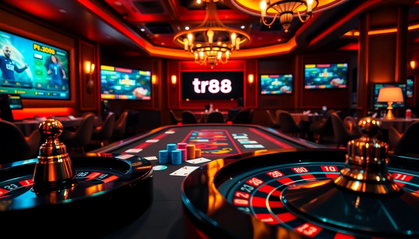 Players engaging in a thrilling poker game at tr88 casino, surrounded by vibrant chips and cards.