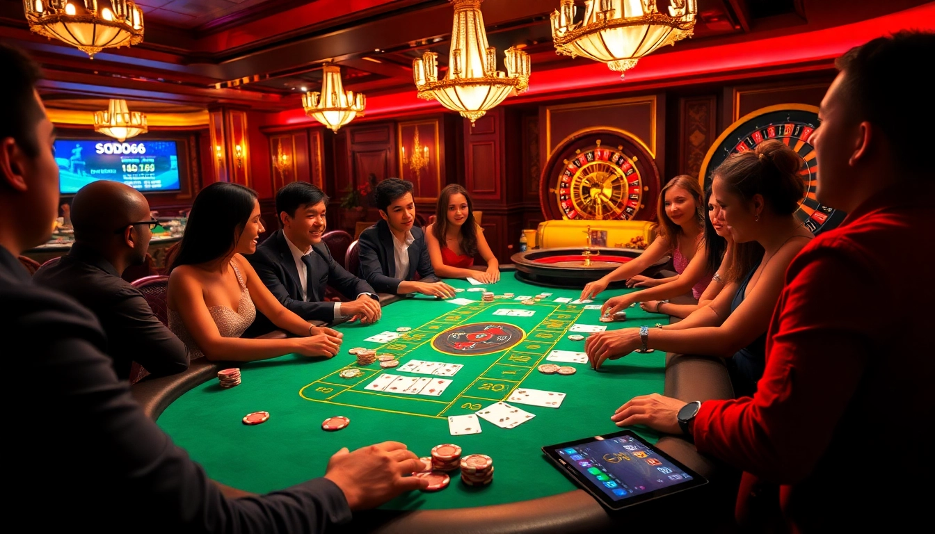 SODO66 players enjoying a thrilling poker game at a luxurious casino table filled with chips and cards.