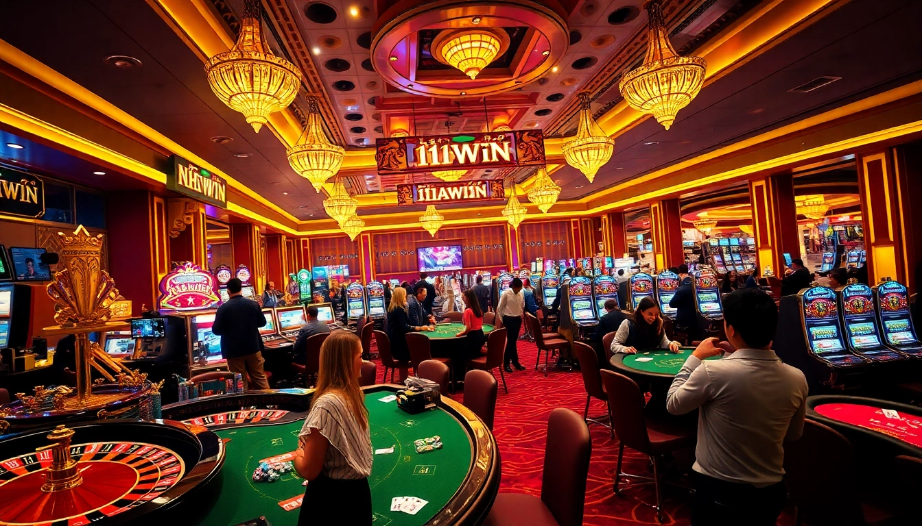 Gambling excitement at Nhà Cái 11WIN casino with luxurious gaming tables and vibrant atmosphere.