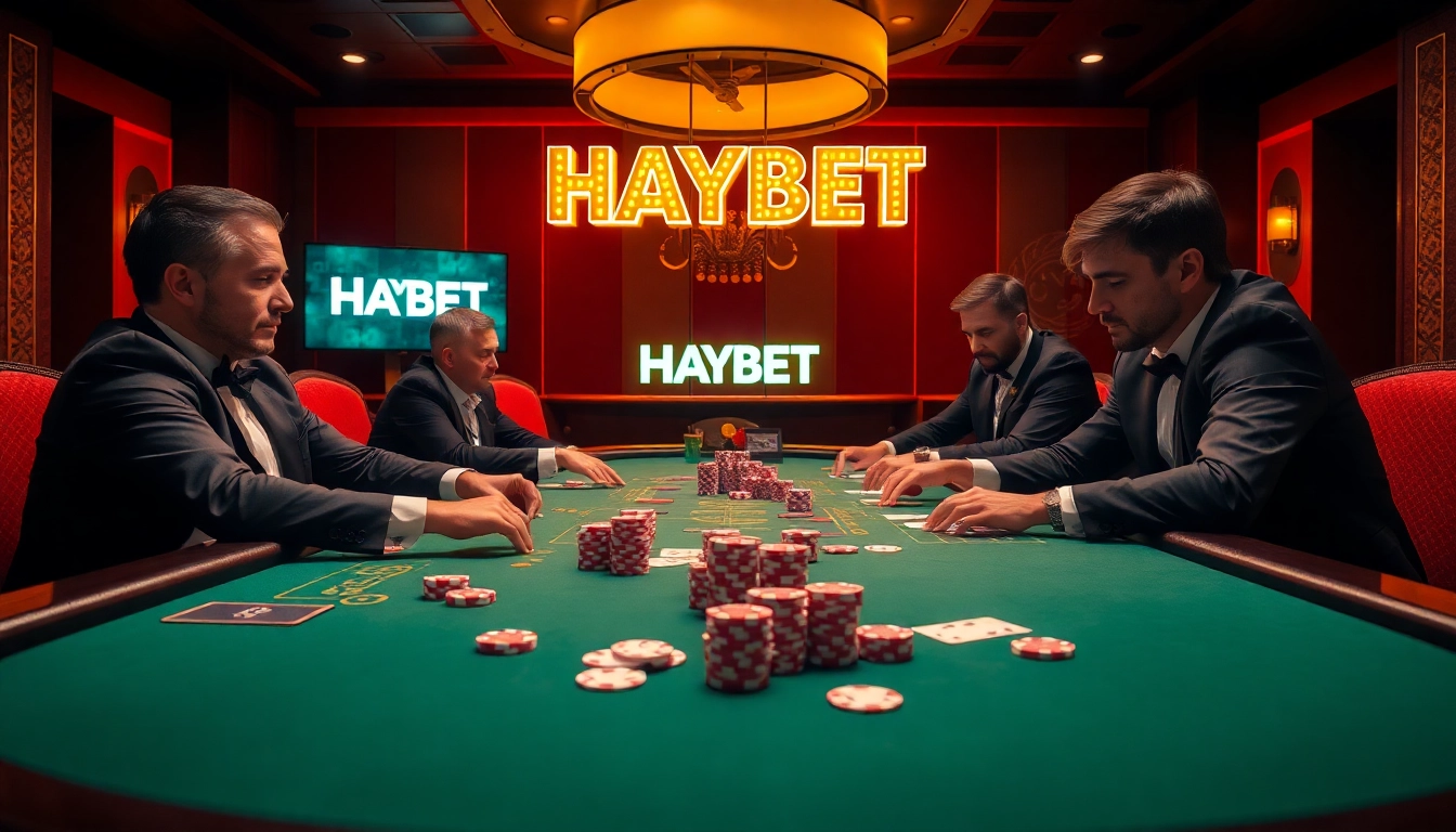 High-stakes poker action at HAYBET casino, with players and vibrant chips.