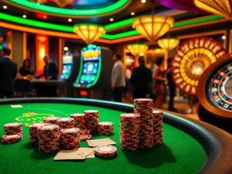 Engaging scene of dynamic casino betting with MB66 brand elements, featuring poker chips and roulette wheel.