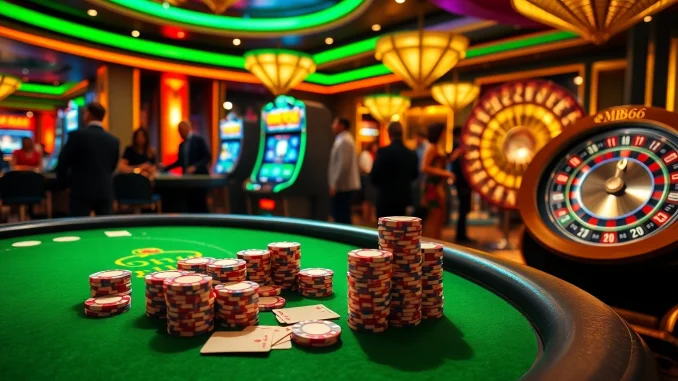 Engaging scene of dynamic casino betting with MB66 brand elements, featuring poker chips and roulette wheel.